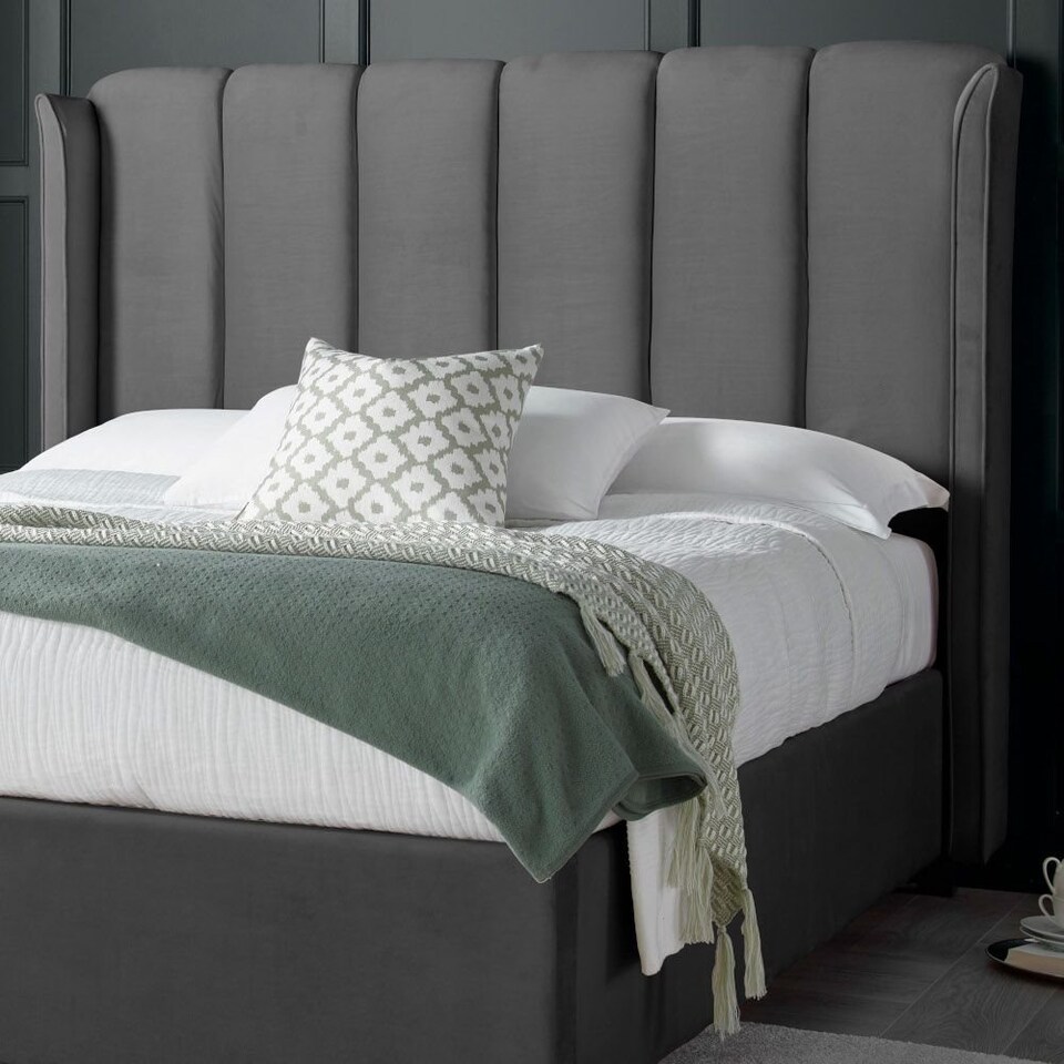 image 1 of 4ft6 Double Ottoman,Grey Velvet fabric upholstered,lift up,storage,tall winged bed frame. Gas lift up, Boutique Hotel style, tall headend board, wing back