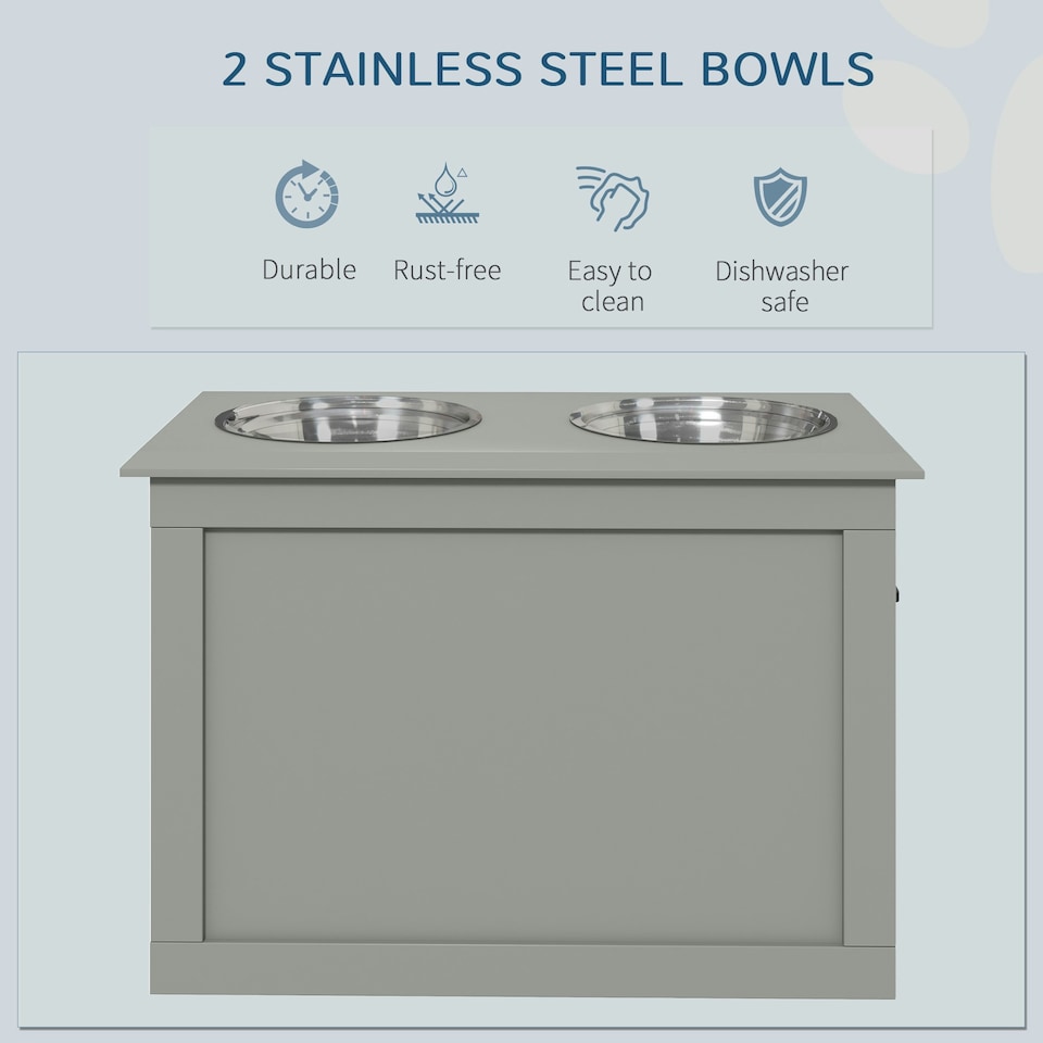 image 1 of PawHut Raised Pet Bowls w/ Storage, Two Stainless Bowls, Elevated Base - Grey