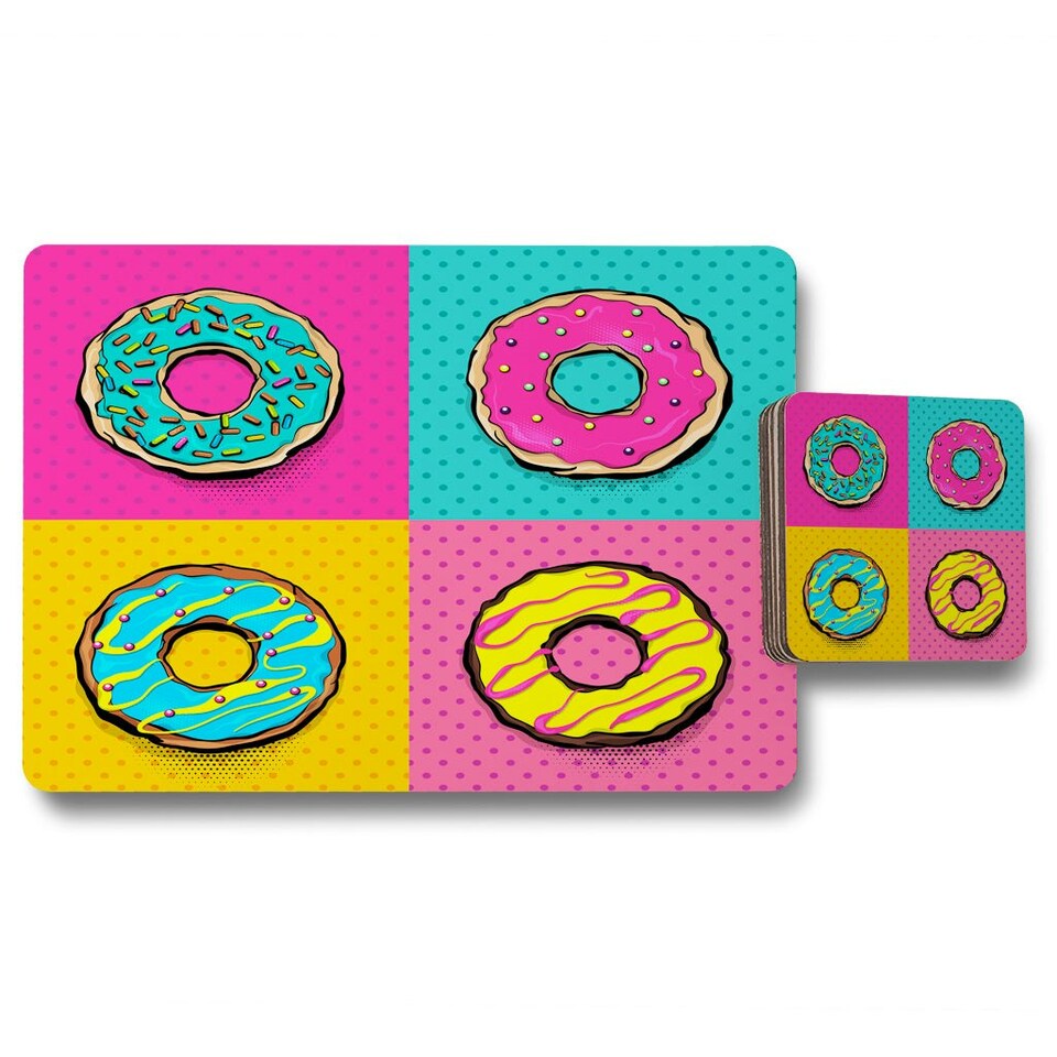 image 1 of Set doughnut sweet food, donut cartoon pop art style (Placemat & Coaster Set)