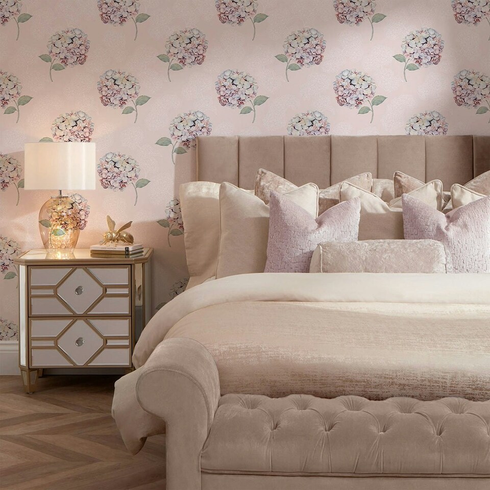image 1 of Hydrangea Harmony Wallpaper in Soft Pink Multi