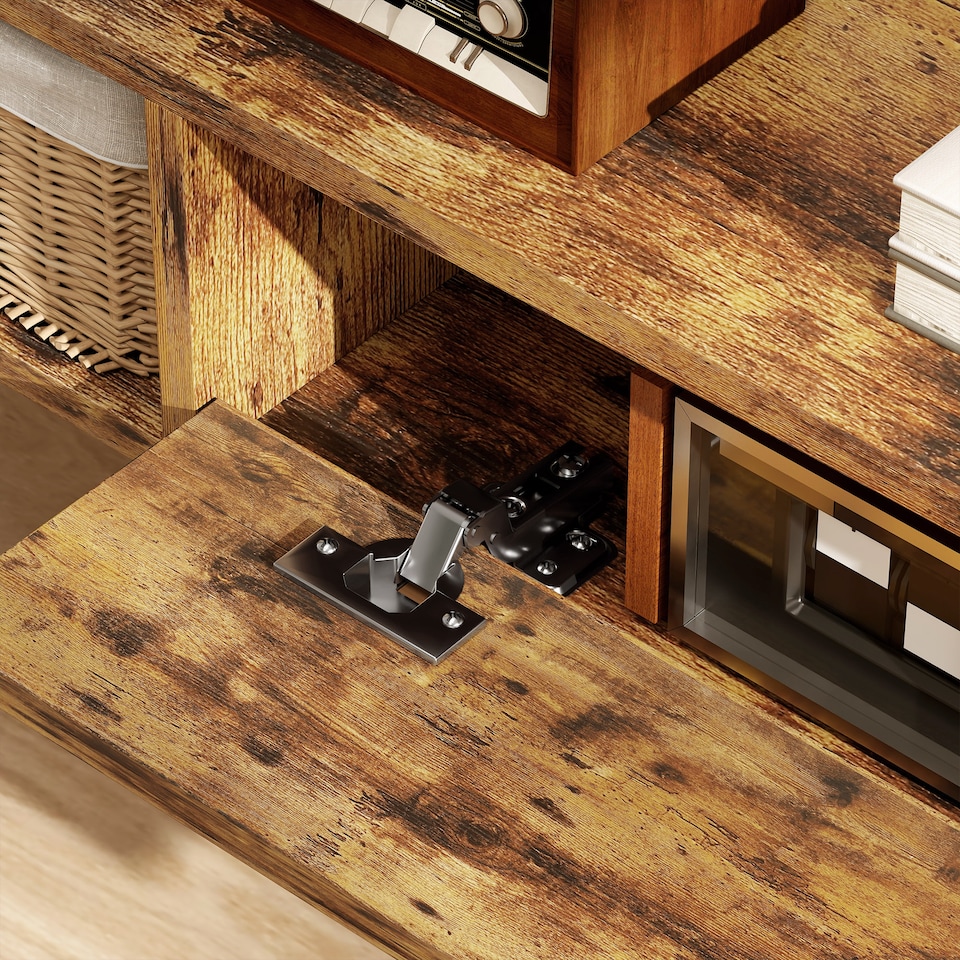 image 1 of HOMCOM 120 cm Floating TV Unit, Wall Mounted TV Stand Cabinet with Flip Drawer, 2 Open Shelves and Cable Management, Modern Media Console for Living Room, Holds Television up to 50 Inch, Rustic Brown