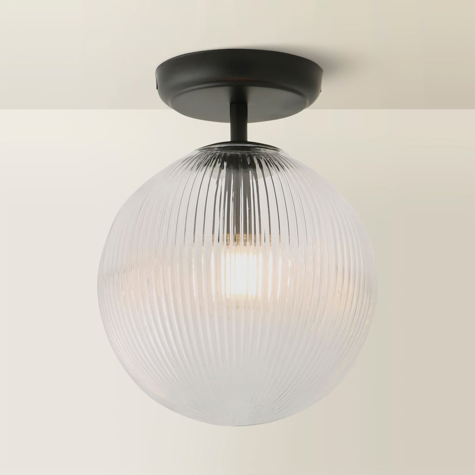image 1 of ValueLights Kempton Black Flush Ceiling Light Ribbed Globe Shade | Black