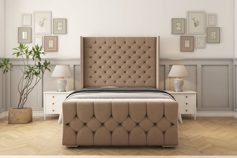 image 1 of Sloomy Luthor Mink Plush Bed Frame With Mattress With 50"  Upholstered Wingback Headboard 4'6 Double