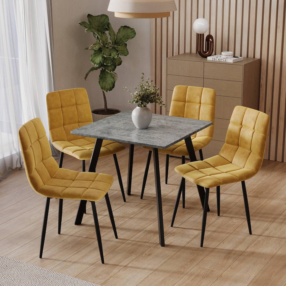 image 1 of 5-Piece Dining Set - 80cm Square Table and 4 Upholstered Velvet Chairs with Metal Legs | Grey | Concrete & Curly Yellow | 5