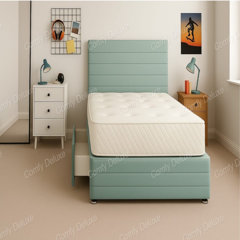 Duck Egg Jin Plush Lined 4ft Small Double Divan Bed Set Headboard & Footboard - 4 Drawers