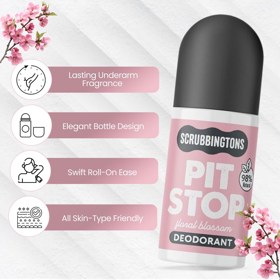 image 1 of Scrubbingtons Pit Stop Natural Deodorant For Women, Roll on For Sensitive Skin Made in UK. Paediatrician approved, Aluminium & Alcohol Free, Vegan & Cruelty Free, Floral Blossom, 75ml | White | White | 1