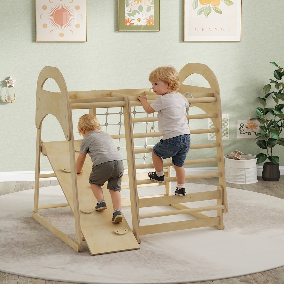 image 1 of AIYAPLAY 6 in 1 Kids Climbing Frame with Slide, Monkey Bars, Ladder