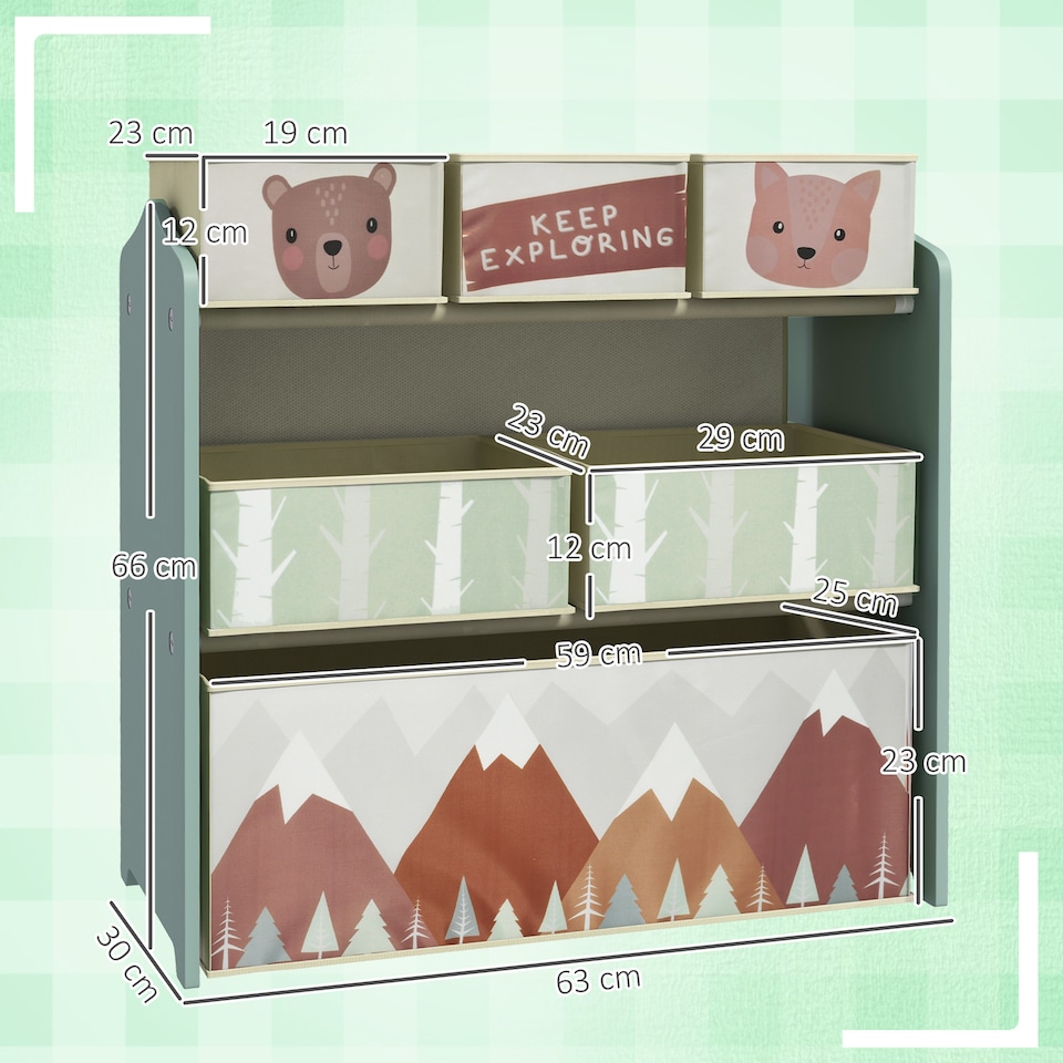 image 1 of ZONEKIZ Kids Storage Unit, Childrens Toy Storage Organiser, with 6 Fabric Bins | Green | 63 x 30 x 66 cm