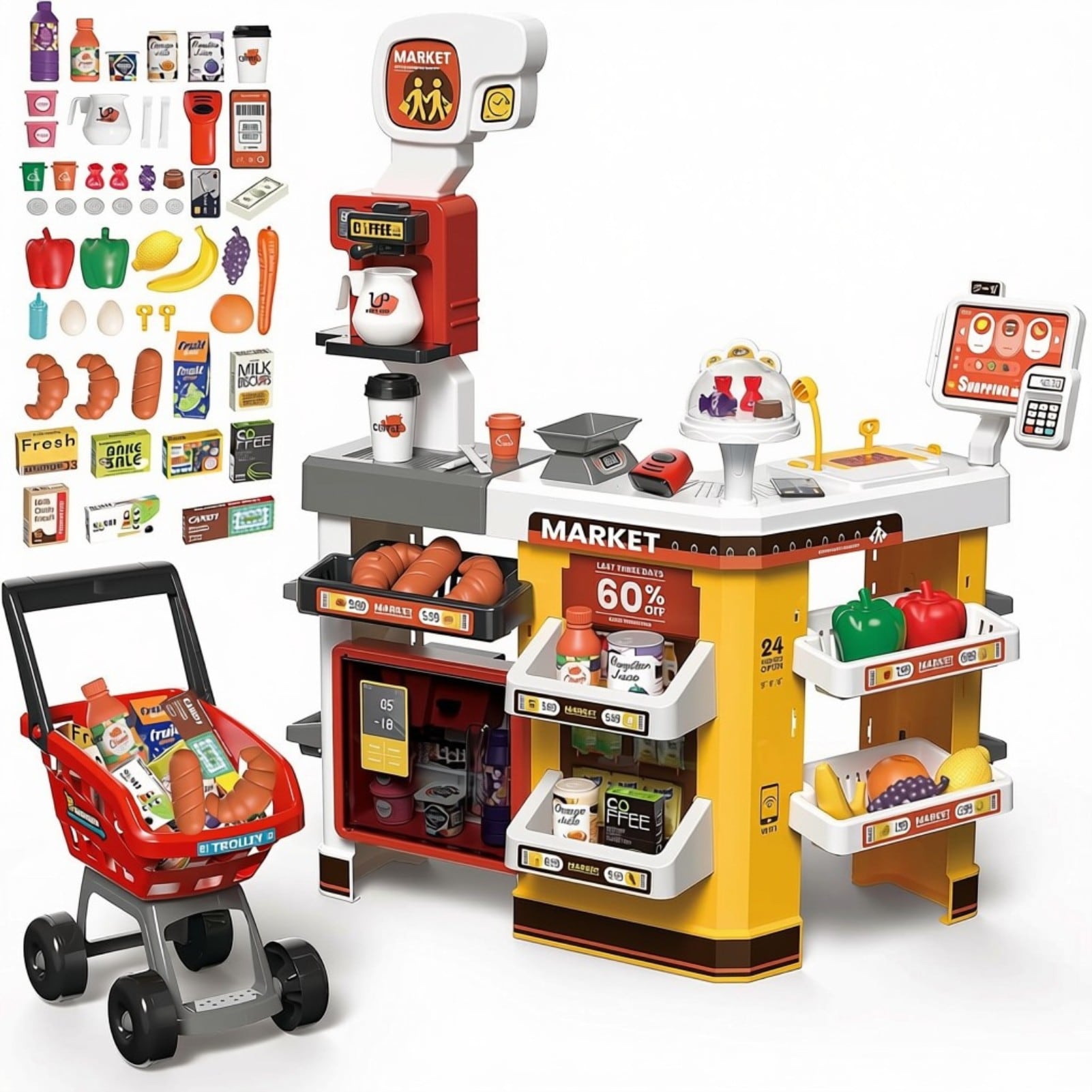 65 PCS Grocery Store Playset Pretend Supermarket Playset