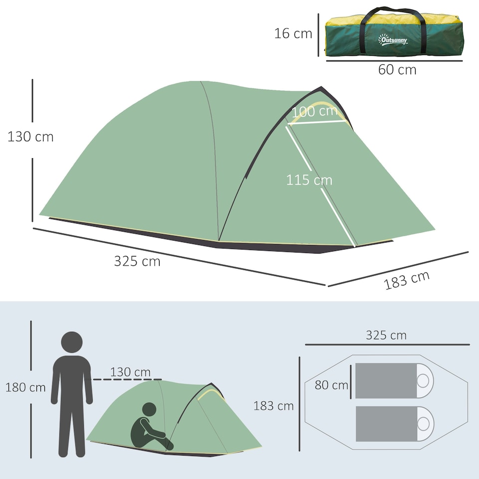 image 1 of Outsunny Compact Camping Tent w/ Vestibule & Mesh Vents for Hiking Green