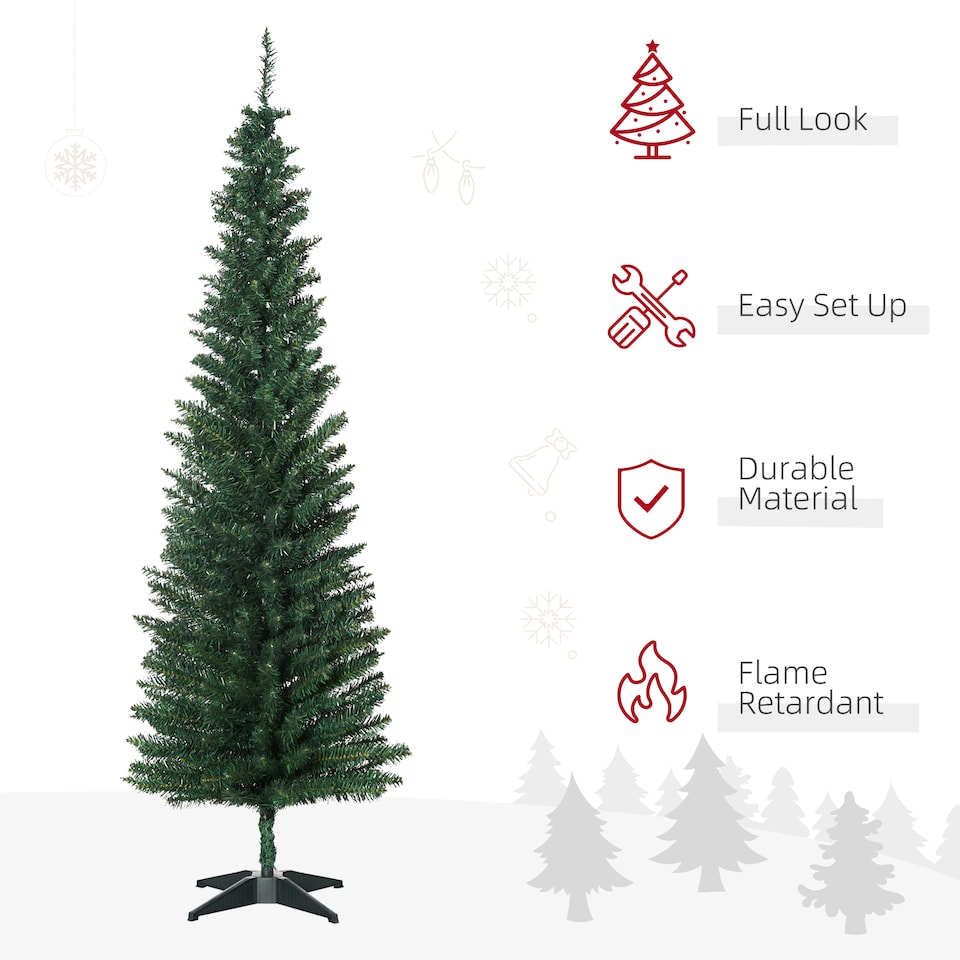 image 1 of HOMCOM 6ft Unlit Artificial Christmas Tree, Pencil Slim mas Tree with Solid Stand and Realistic Branches, Green