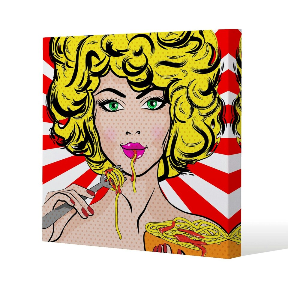 image 1 of Pop Art Young woman Eating Spaghetti (Canvas Print) 127 x 127 x 4cm