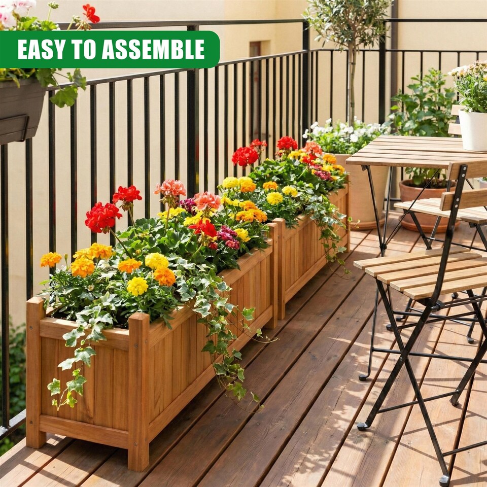 image 1 of GEEZY Wooden Rectangular Garden Flower Planters Brown Set of 2