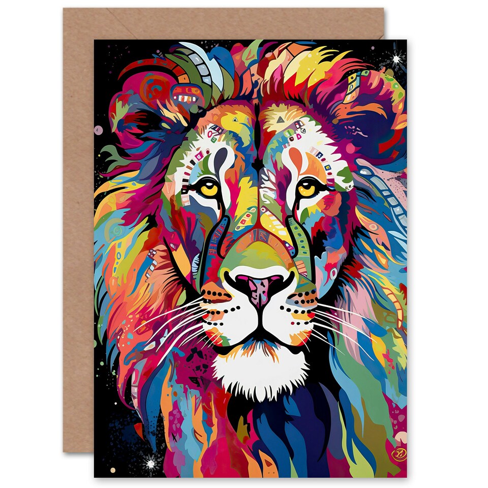 image 1 of Colourful Folk Portrait Fathers Birthday Lion Him Dad Card