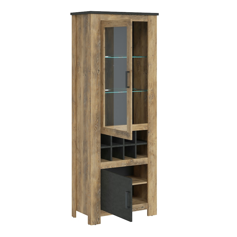 image 1 of Rapallo 2 Door Display Cabinet with Wine Rack in Chestnut and Matera Grey