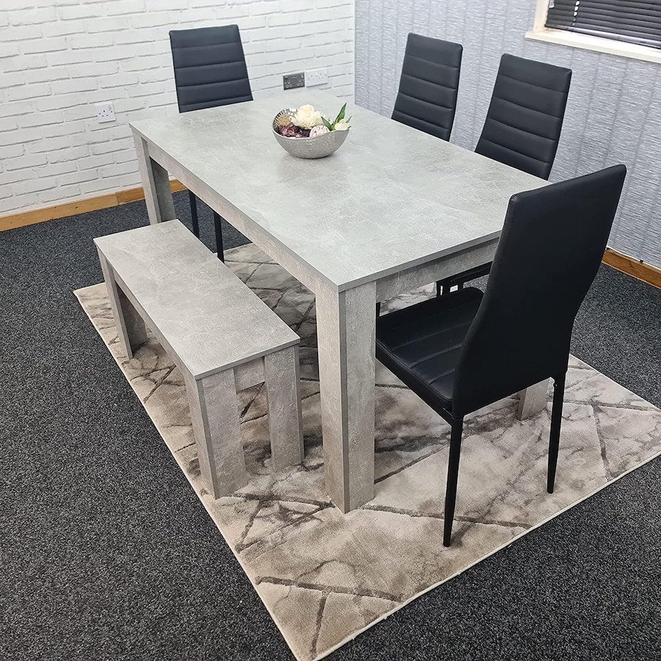 image 1 of Modern Grey Dining Table Set with 4 Black Chairs And Bench Dining Room Furniture Set | Black | One Size | 6