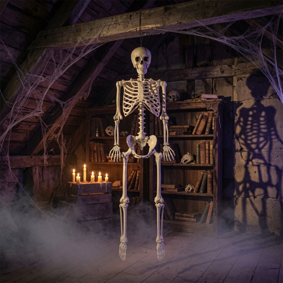 image 1 of Skinny White Skeleton Halloween Hanging Prop Decoration 1.6m