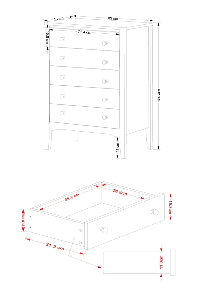 image 1 of Como 5 Drawer Chest of Drawers - Shaker Style Bedroom Storage Cabinet with Space Saving Design | White | White | 1