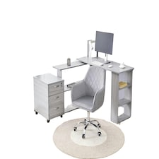 Grey Office Desk L-shaped with Grey Velvet Upholstered Chair and Storage Drawers Grey