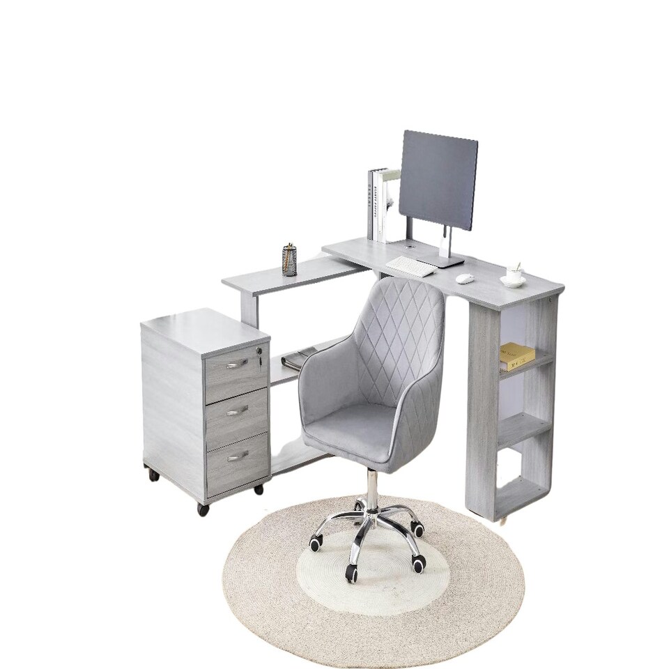image 1 of Grey Office Desk L-shaped with Grey Velvet Upholstered Chair and Storage Drawers Grey