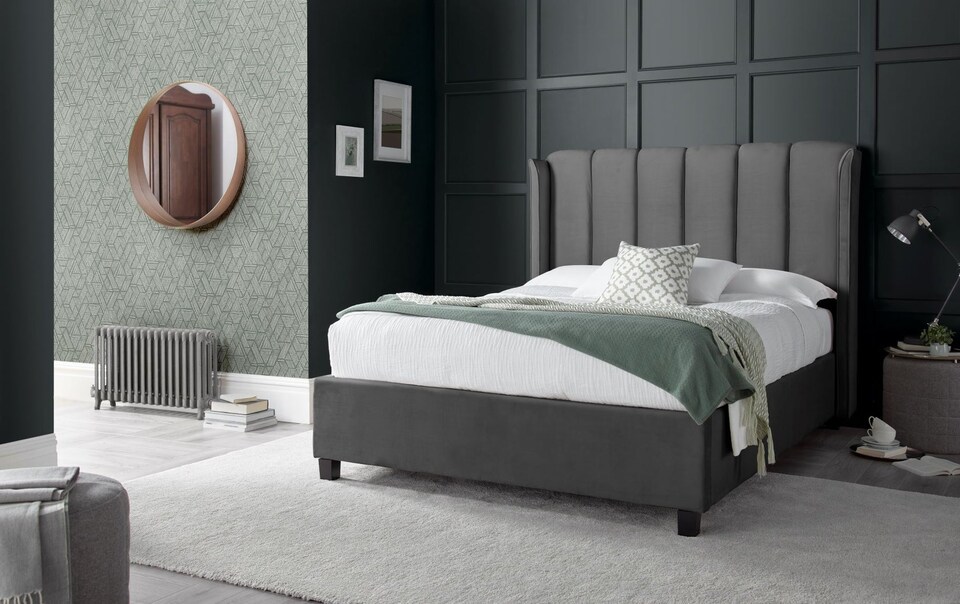 image 1 of 4ft6 Double Ottoman,Grey Velvet fabric upholstered,lift up,storage,tall winged bed frame. Gas lift up, Boutique Hotel style, tall headend board, wing back