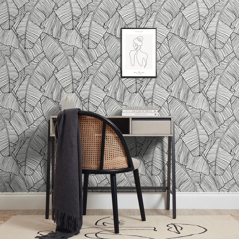 image 1 of Banana Leaf Wallpaper in Mono | White | Black, Light, White | 50cm x 10m