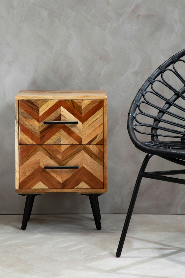 image 1 of Interiors by Premier 2 Drawer Bedside Table In Mango Wood, Modern Nightstand With Black Iron Legs, Wooden Bedside Cabinet | Black
