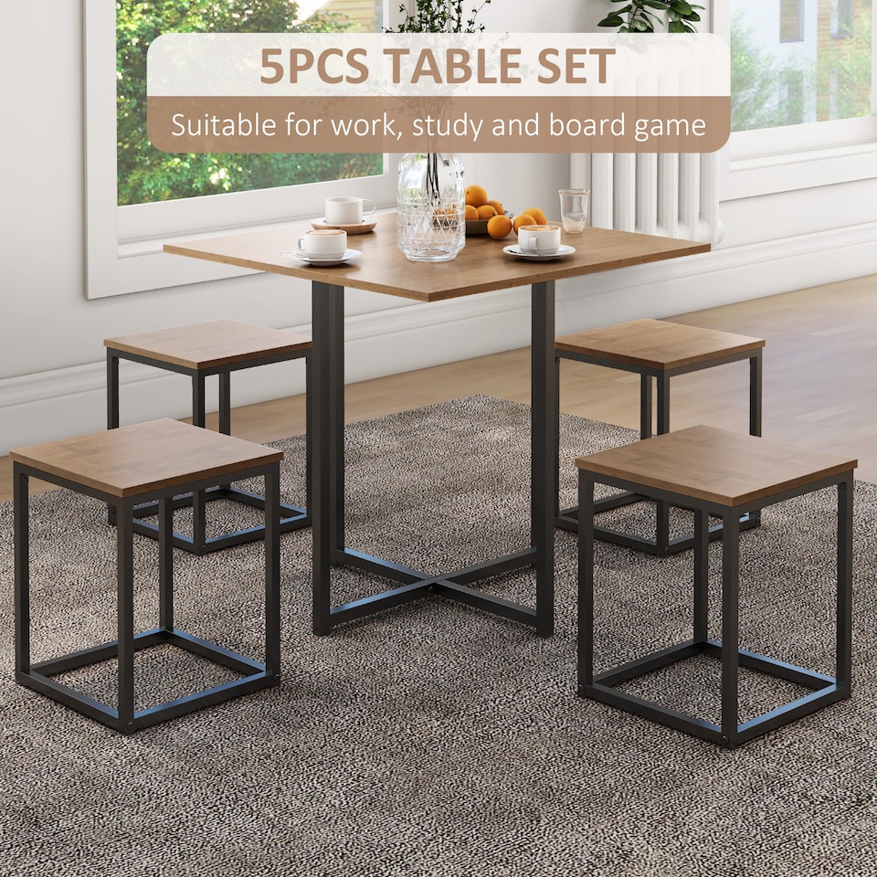 image 1 of HOMCOM 5 Piece Dining Table and Chairs Set 4, Industrial Space Saving Table and Chairs with Metal Frame, Square Kitchen Table and Stools for Dining Room, Brown