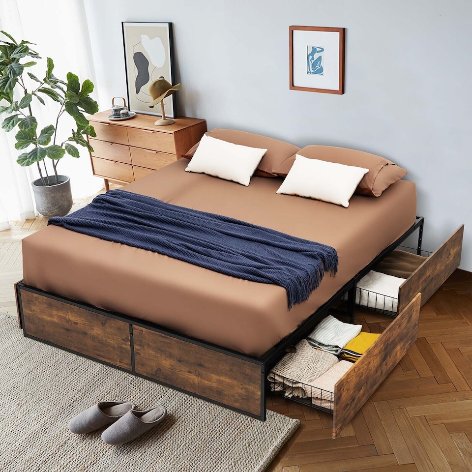 image 1 of COSTWAY Double Metal Bed Frame with 4 Underbed Drawers Brown