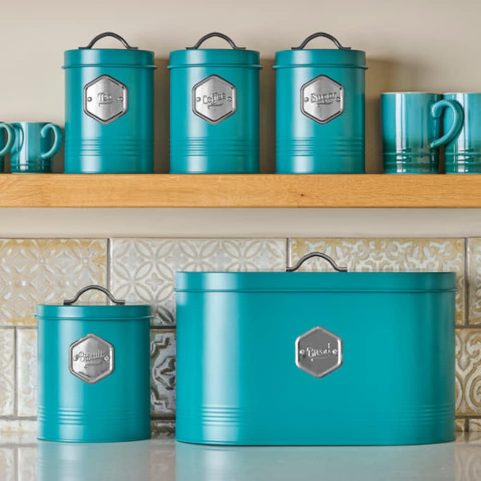 image 1 of Cooks Professional 5 Piece Kitchen Storage Set – Tea, Coffee, Sugar, Bread & Biscuit Tins | Blue | Teal & Silver