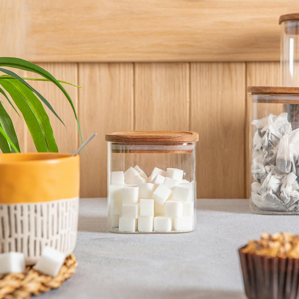 image 1 of Argon Tableware Square Glass Storage Jars with Wooden Lids - 680ml - Pack of 3