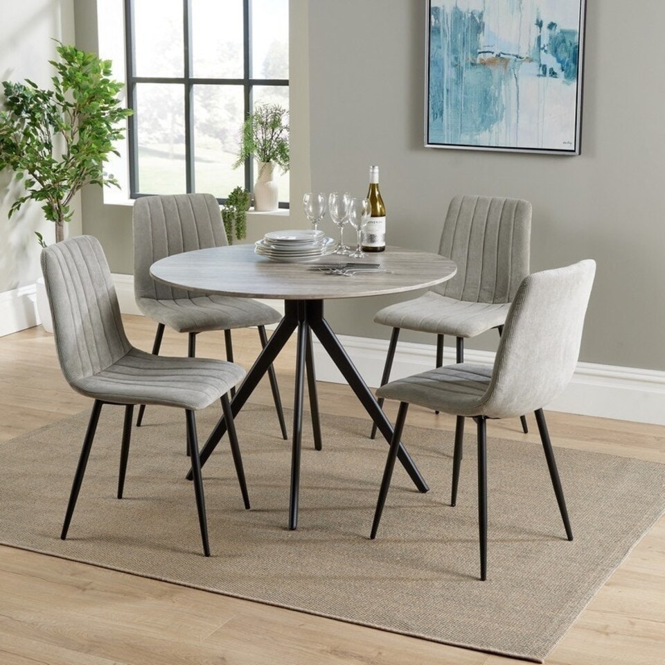 image 1 of Aspen Round Dining Table with 4 Straight Stitch Cord Dining Chairs - Grey Oak/Black - Flat Packed Grey
