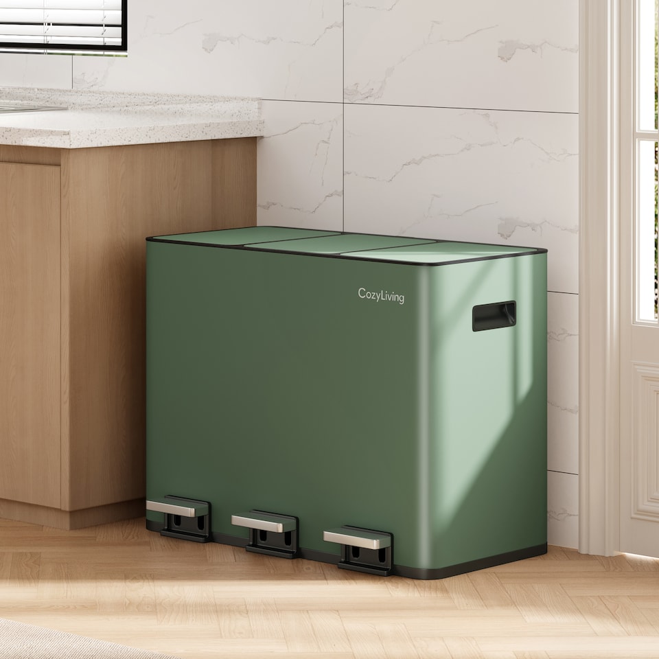image 1 of CozyLiving 45L Triple Pedal Bin for Recycling and General Waste Rubbish Kitchen Bin 3x 15L