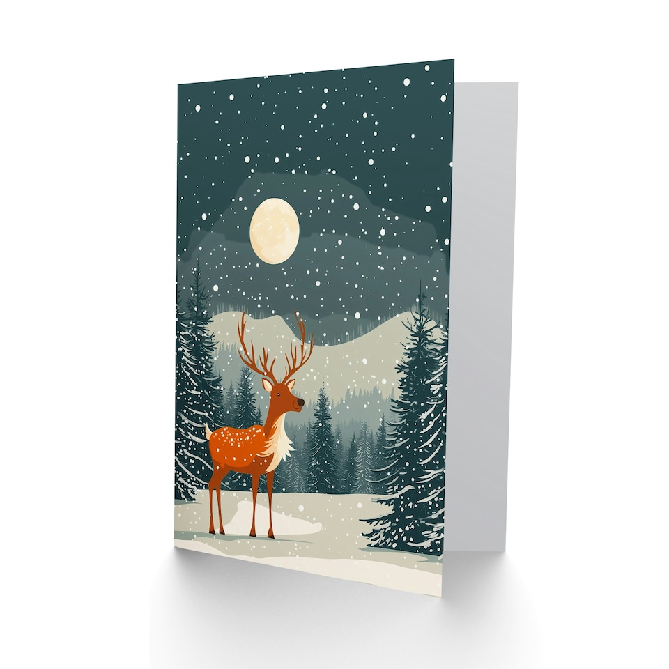 image 1 of Reindeer Moon North Pole Winter Snow Blank For Him Or Her Art Xmas Festive Christmas Card