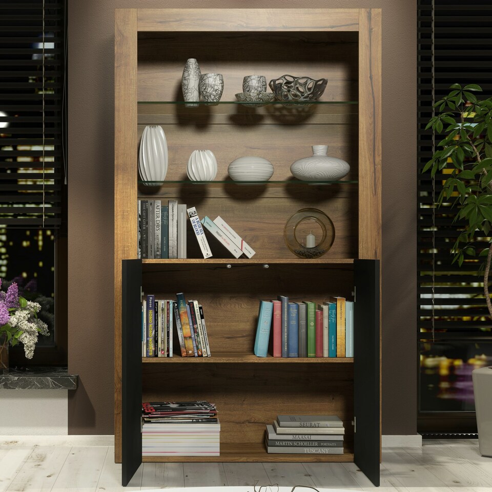 image 1 of Modern Display Cabinet with Glass Shelves | Living Room Storage Unit | Black High Gloss Cupboard Doors Multi | Oak & Black