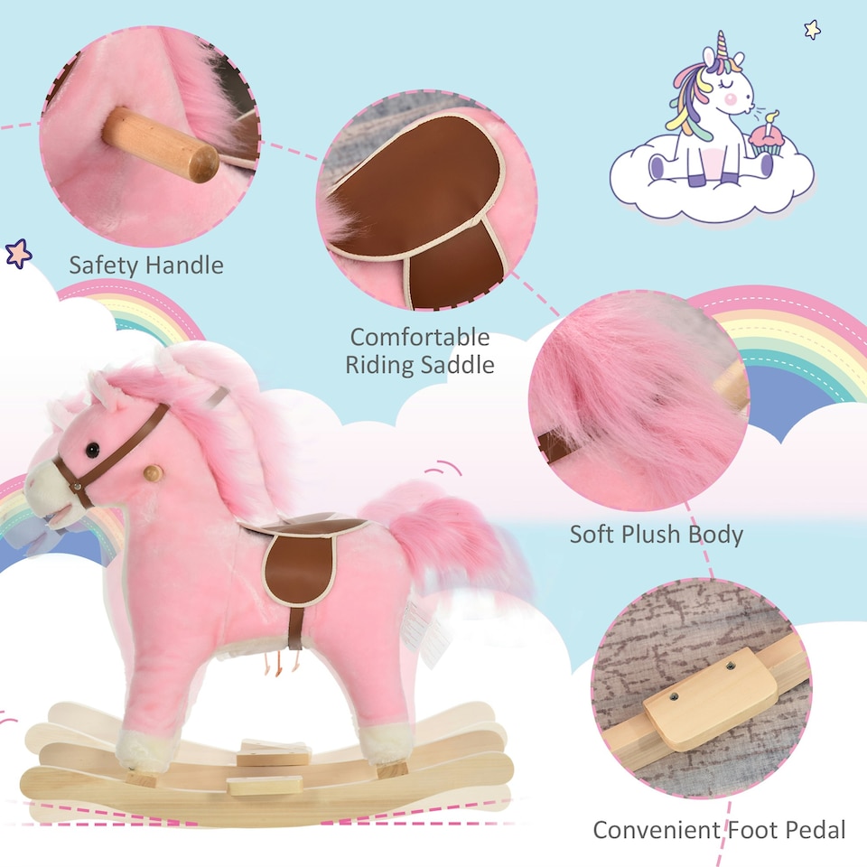 image 1 of HOMCOM Kids Plush Rocking Horse w/ Moving Mouth Tail Sounds 18-36 Months Pink