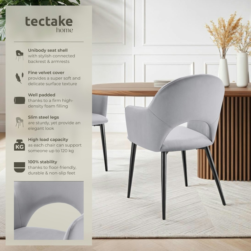 image 1 of Dining Chair Sasha- padded armchair in velvet look, continuous backrest - Set of 6 Grey | Light Grey