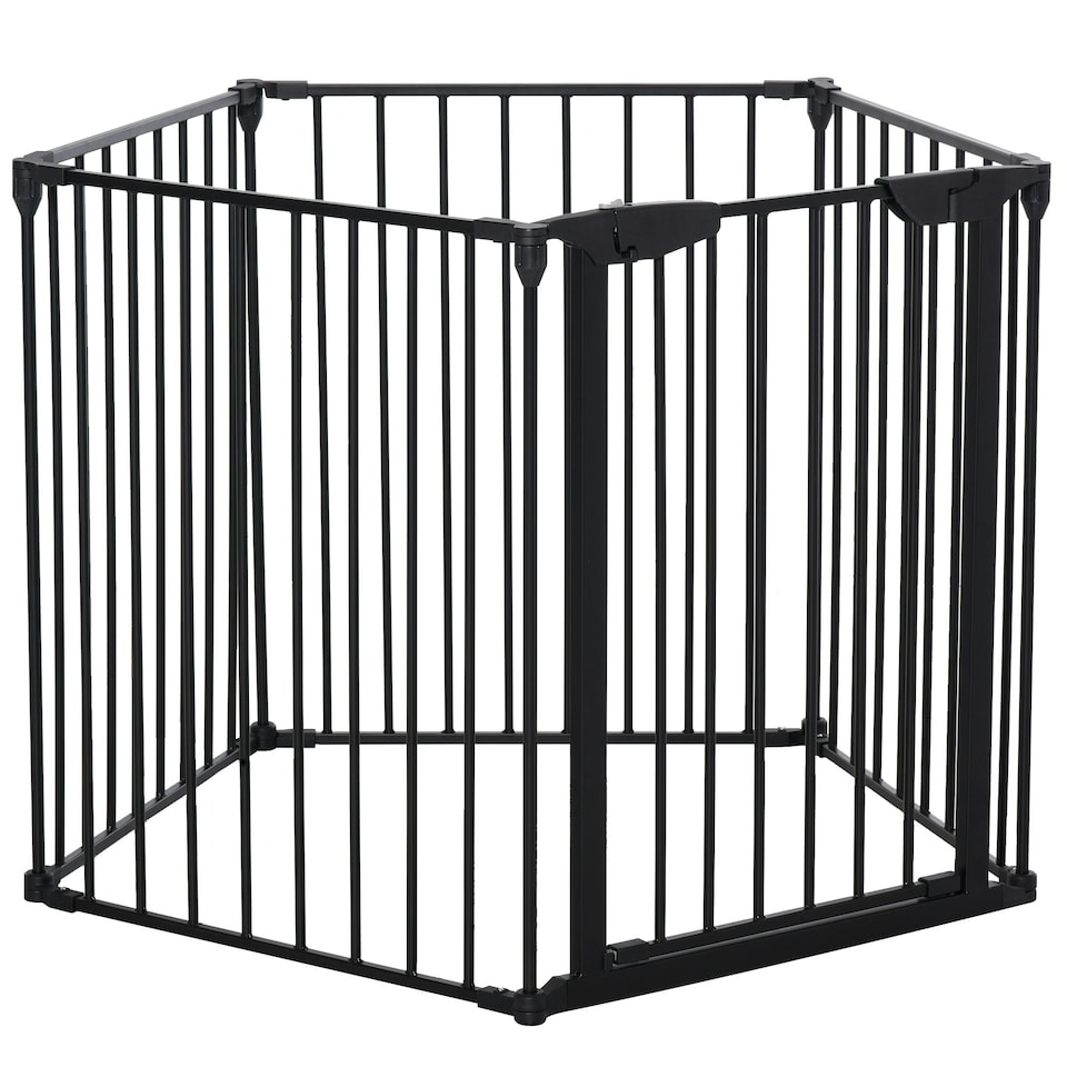 image 1 of PawHut Pet Safety Gate 5 Panels Playpen Metal Fence w/ Walk Through Door - Black