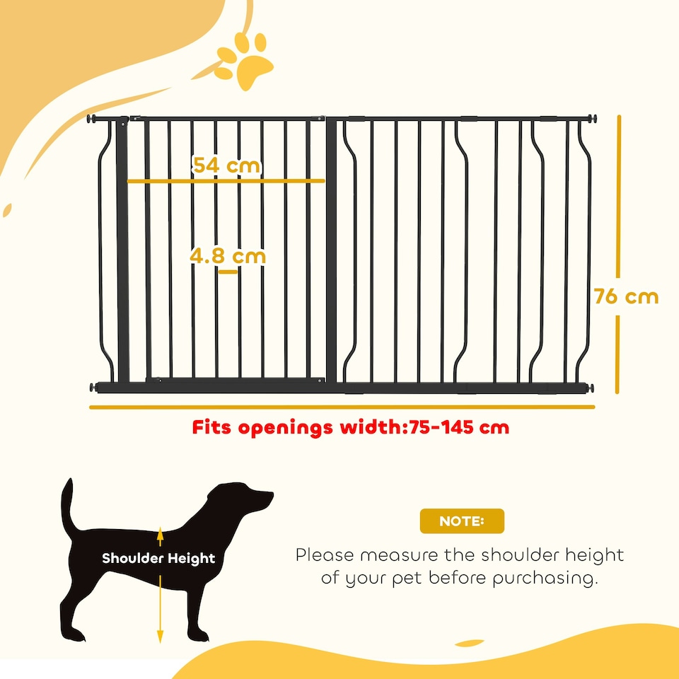 image 1 of PawHut Dog Gate Wide Stair Gate w/ Door Pressure Fit, 75-145W cm, Black