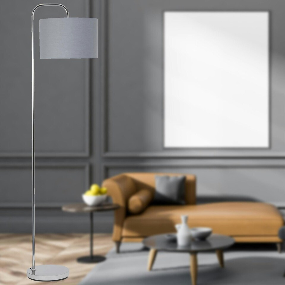 image 1 of First Choice Lighting Set of 2 Chrome Arched Floor Lamps with Grey Cotton Shades Chrome | Grey