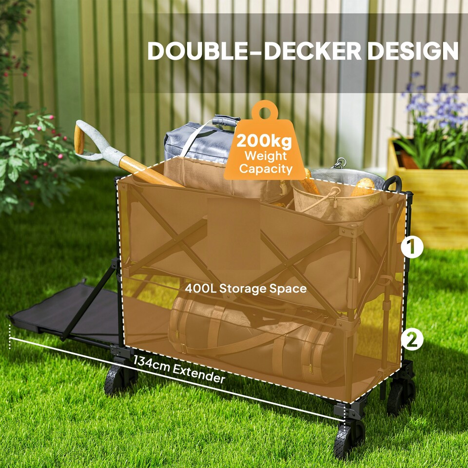 image 1 of Outsunny Double Decker Folding Trolley Cart on Wheels, 200KG Capacity Black