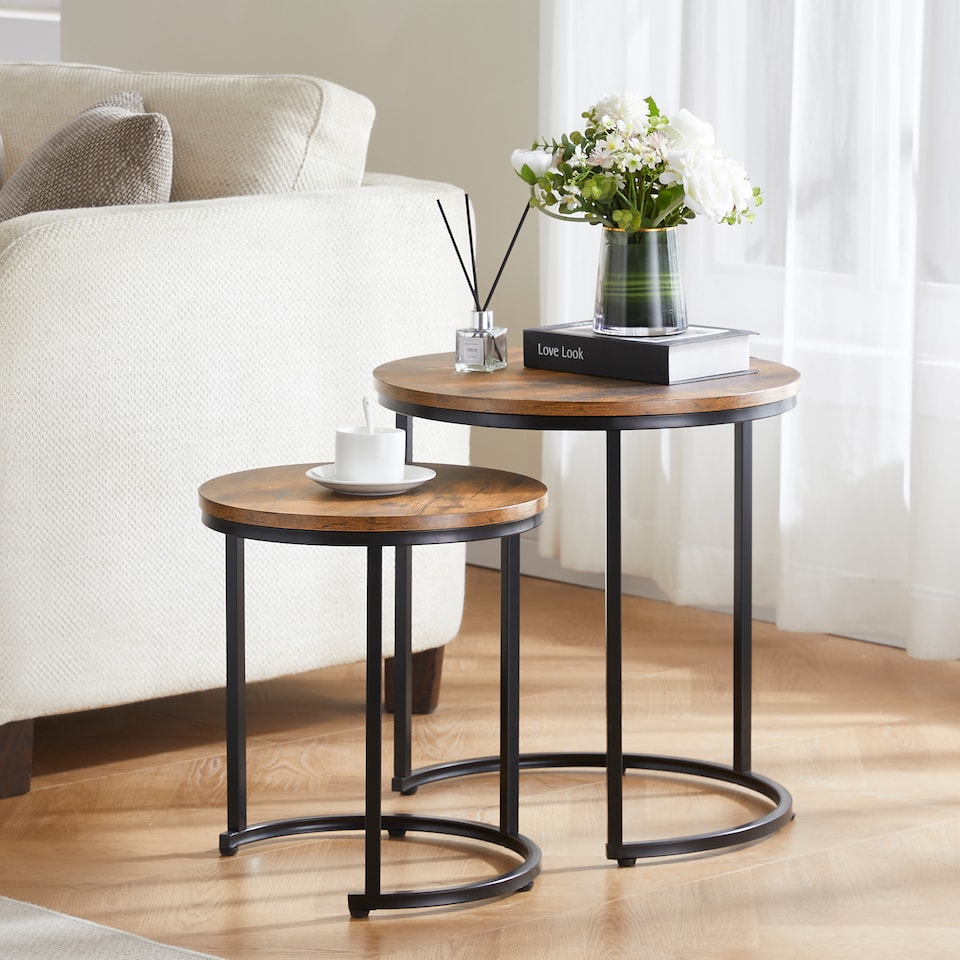 image 1 of Vida Designs Brooklyn Round Nest of Tables 2 Piece Set Nesting Sofa Bedside Side Table, Dark Wood