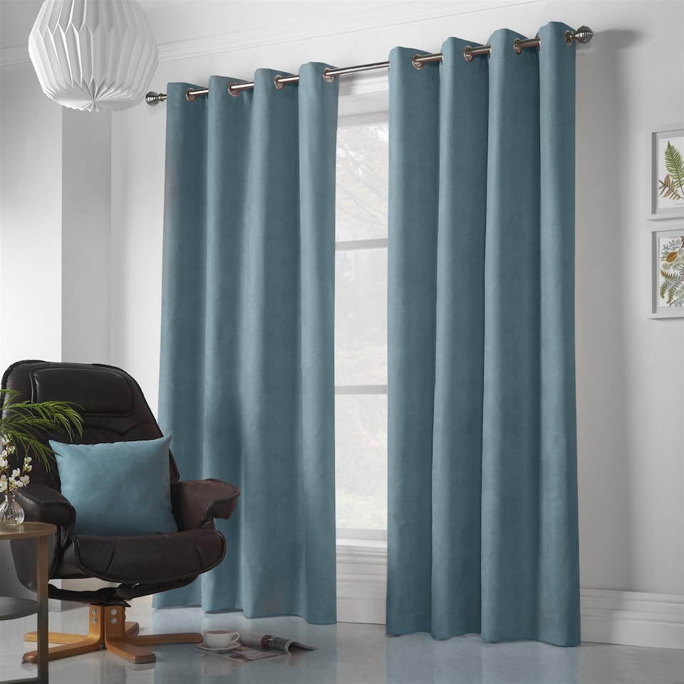 image 1 of Velvet Chenille Eyelet Curtains Ready Made Pair - 142cm x 137cm - Teal