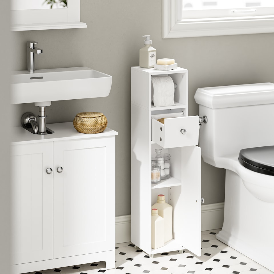image 1 of SoBuy White Toilet Paper Storage Cabinet with Drawer and Adjustable Shelf, 7.8x7.8x33.4 in, 5.9 kg - BZR219-W
