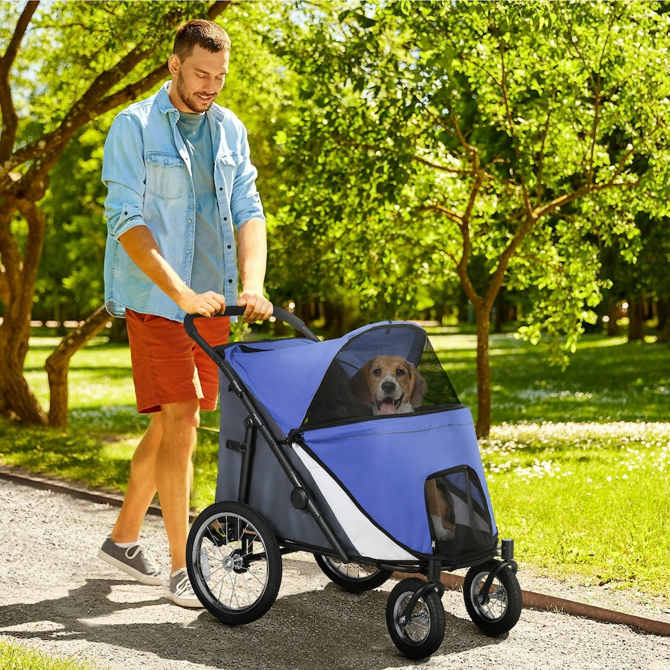 image 1 of PawHut Foldable Pet Stroller with Cushion, for M, L Dogs - Blue