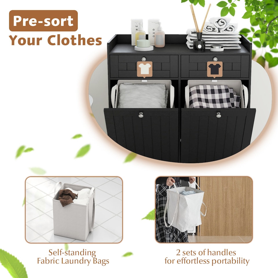image 1 of COSTWAY Double Tilt-Out Laundry Hamper Cabinet Black