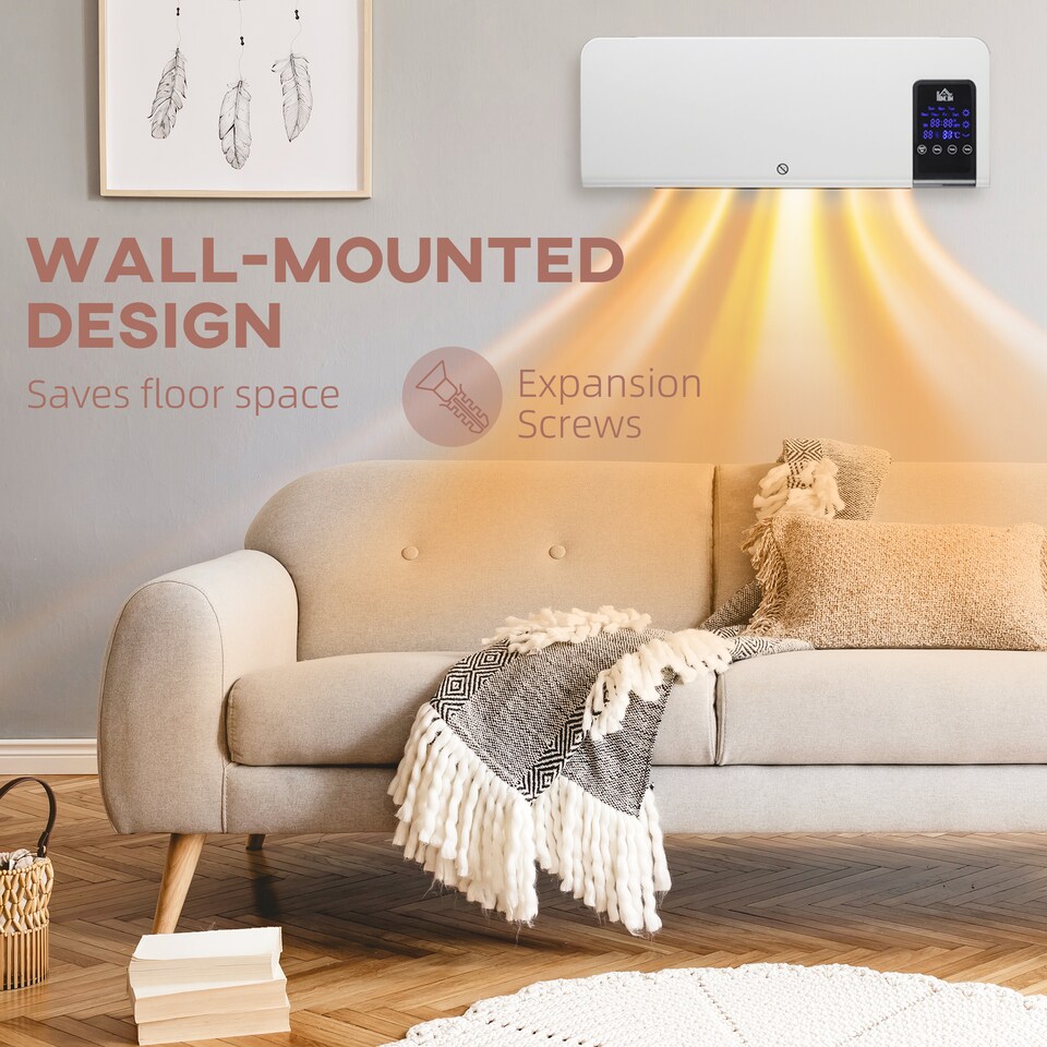 image 1 of HOMCOM Electric Heater, 2000W Wall Mounted Ceramic Space Heater with Remote Control, 2 Modes, Timer, Oscillation, Overheat Protection for Home, White