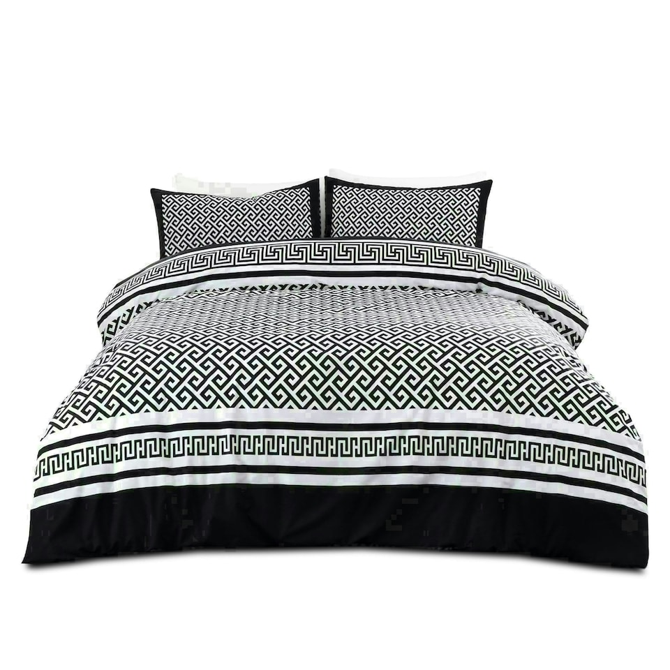 image 1 of Meander Greek Printed Duvet Cover Set Reversible Polycotton Beddings Black | Single