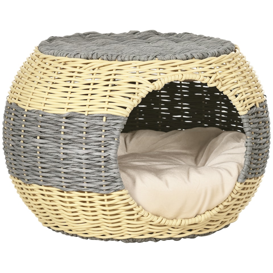 image 1 of PawHut Wicker Cat House, Rattan Raised Cat Bed with Soft Cushion, 40 x 30cm