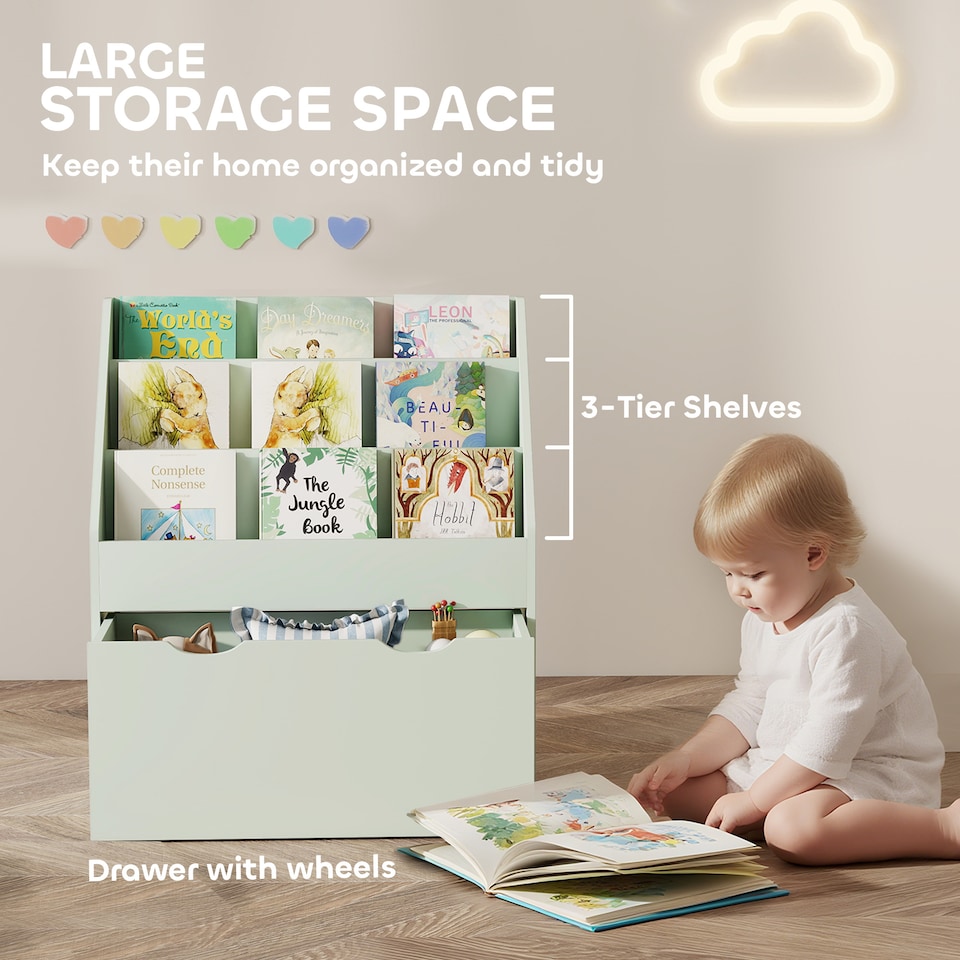 image 1 of AIYAPLAY Kids Bookcase w/ 3 Tier Shelves, Drawer, for Bedroom, Nursery, Green